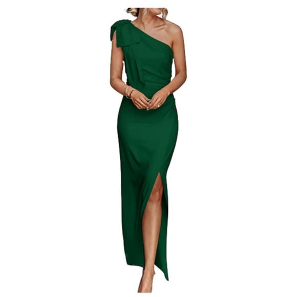 MISSKY One Shoulder Sleeveles Maxi Dress Bodycon Ruched Dark Green Womens Medium - Picture 1 of 13